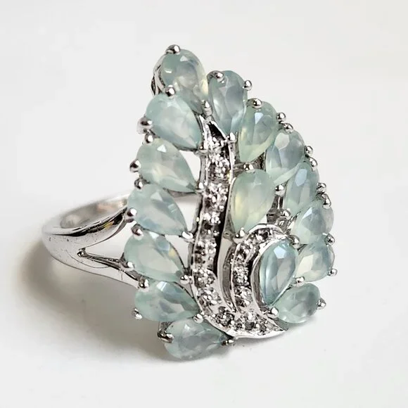 Retired 925 Cluster Teardrop Blue Leaf Aquamarine & White Zircon Size 7 Ring - Picture 6 of 16